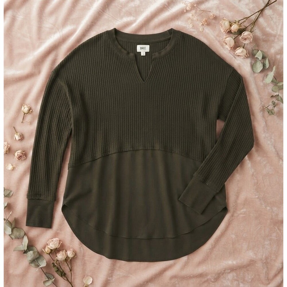 BKE Olive Green Waffle Knit Thermal Top Size S High Low Mixed Media Layered Look